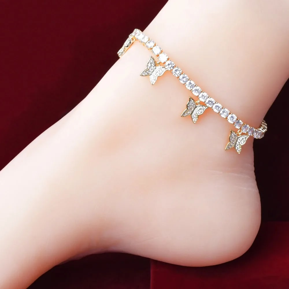 Women Iced Out Butterfly Tennis Link Chain Anklet 